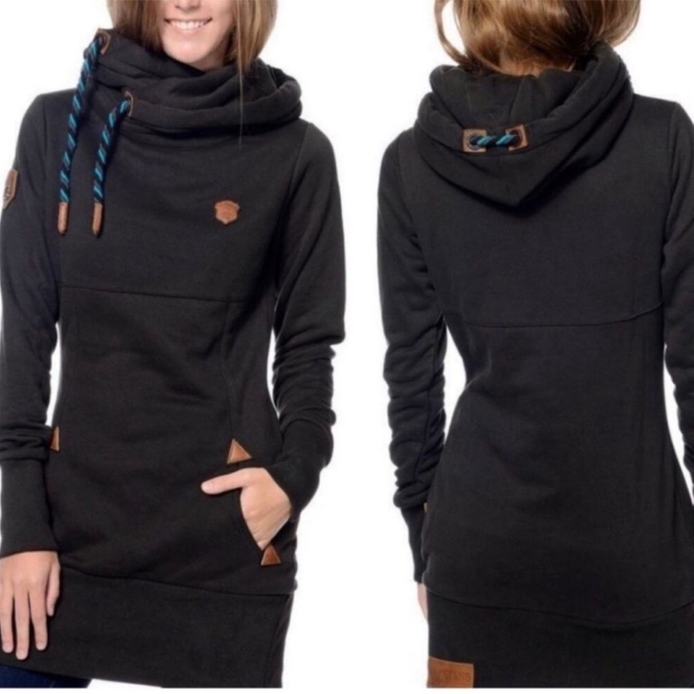 Naketano Black Tunic Hoodie Cowl Neck With Hood Size Large